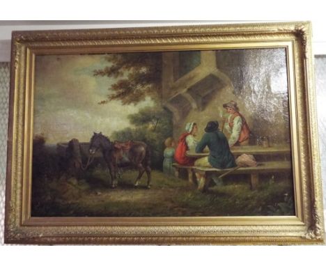 Manner of George Morland, figures outside an inn, with a pony tied to a trough, oil on canvas, 38 x 59 cm