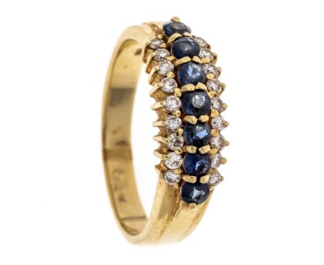 Saphir-Brillant-Ring GG 585/000 mit 7 feine rund fac. Saphiren 2 mm in guter Farbe und 18 Brillanten, zus. 0,30 ct l.get.W/SI
