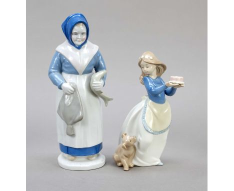 Zwei Figuren, Mädchen mit einer Torte in Händen, ihr zu Füßen ein Hund, farbig staffiert, Nao by Lladro, Spanien, 20. Jh., H.