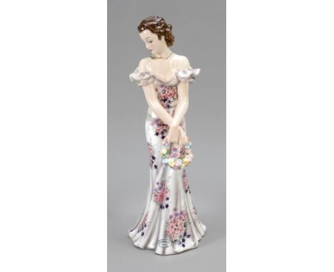 Sommerabend, Goldscheider Wien, 1938-50 Elegante Dame mit einem Blumenkranz in den Händen stehend, Keramik, polychrom bemalt,