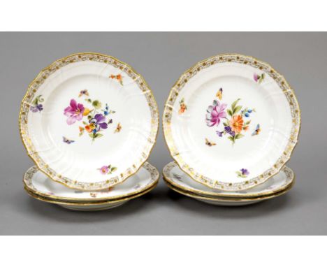 Satz von 6 Dessert- o. Vorspeisentellern, KPM Berlin, Marken 1945-62, tlw. mit Jahresbuchstaben für 1962, 2. W., Form Neuozie
