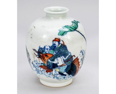 Bauchige Vase, China, wohl 18. Jh., Porzellan mit doucai-Bemalung, bei Mondschein reitet der Dichter Li Bai in seiner Trunken