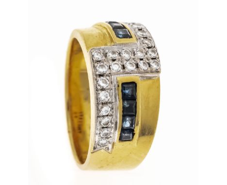 Saphir-Brillant-Ring GG/WG 750/000 mit fac. Saphircarrees 2 mm und Brillanten, zus. 0,50 ct W/SI, RG 57, 12,0 g