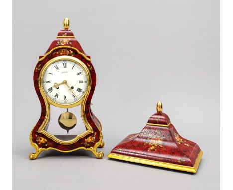 Vintage Konsolenuhr, rot cracelliert mit floralen Motiven, teilvergoldet, bez. '' Le Castell'', champagnerf. Zifferblatt mit 