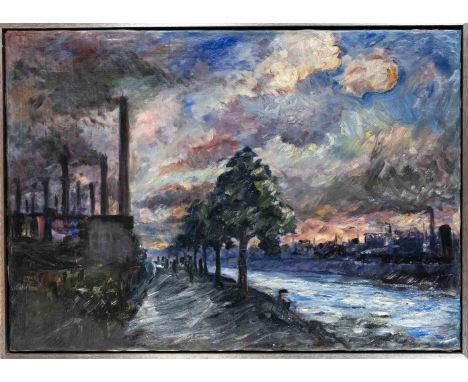 Anonymer Maler Mitte 20. Jh., impressionistische Industrielandschaft im Ruhrgebiet, Öl auf Lwd., rückseitig Sommerlandschaft,