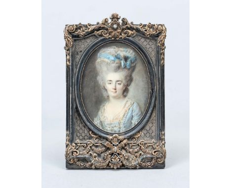 Miniatur, Antoine Vestier (1740 - 1824), frz. Miniaturist, Portrait einer Dame in hellblauen Kleid, 1778, Aquarell auf Bein. 