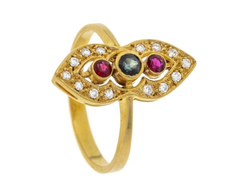 Schiffchen-Ring GG 585/000 mit einem rund fac. Saphir 3,1 mm, Dunkelblau, transparent, 2 rund fac. Rubinen 2,3 mm, Rot - Dunk