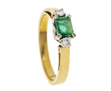 Smaragd-Brillant-Ring GG/WG 585/000 mit einem rechteckig fac. Smaragd 6 - 3,5 mm und 2 Brillanten, zus. 0,10 ct W/SI, RG 57, 