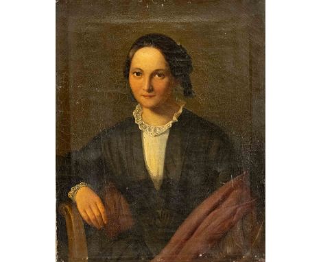 Bildnismaler des Biedermeier um 1820, Portrait einer jungen Frau mit schwarzem Kleid in einem Lehnstuhl sitzend. Wohl aus dem