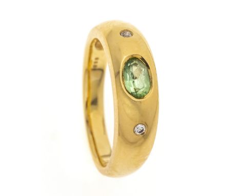 Peridot-Brillant-Ring GG 750/000 mit einem oval fac. Peridot 6 mm in guter Farbe und 2 Brillanten, zus. 0,04 ct W/SI, RG 55, 