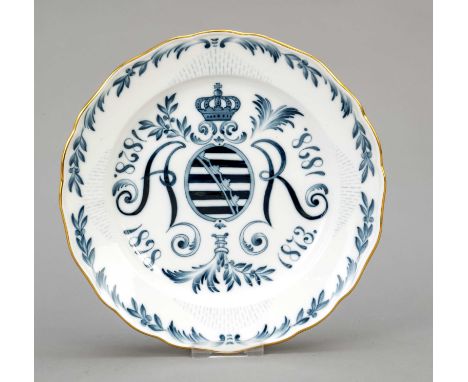 Jubiläumsteller, Meissen. Knaufschwerter Marke 1850-1924, 1.W., Albert von Sachsen zum 25-jährigen Regierungsjubiläum und 70.