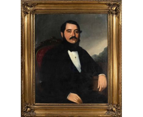Anonymer Bildnismaler des 19. Jh., großes Portrait eines Mannes im Lehnstuhl, Öl auf Lwd., unsign., doubl., rest. u. retusch.