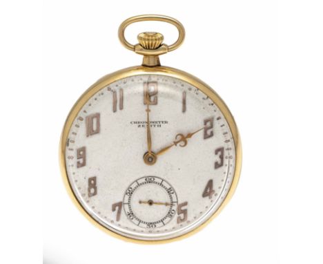 Zenith Chronometer Taschenuhr, GG 750/000, silbernes Zifferblatt mit aufgesetzten vergoldeten arab. Ziffern, kleine Sekunde a