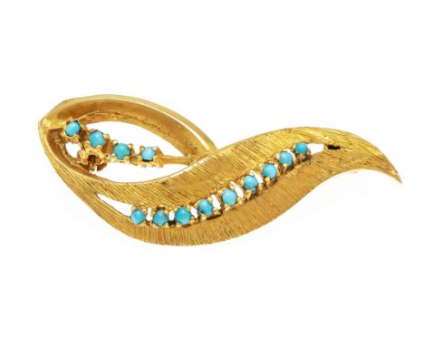 Vintage-Brosche GG 750/000 ungest., gepr., mit runden Türkis-Cabochons 1,6 mm, L. 46 mm, 6,4 g