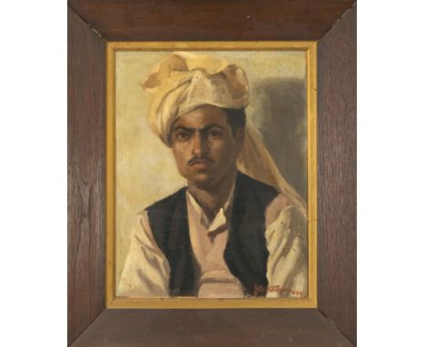 Unidentifizierter, indischer Maler um 1935, Portrait eines Inders mit weißem Turban, Öl auf Platte, u. re. undeutlich sign. u