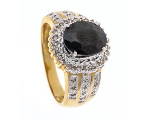Saphir-Diamant-Ring GG/WG 585/000 mit einem oval fac. Saphir 10 x 7 mm und Diamanten, zus. 0,10 ct, RG 56, 4,8 g