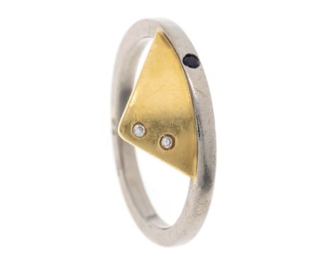Design-Ring Palladium und GG 750/000 mit einem rund fac. Saphir 1,7 mm und 2 Brillanten, zus. ca. 0,02 ct W/SI, RG 56, 3,4 g