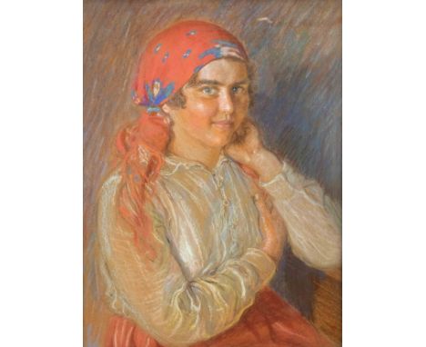Wladislaw Mikos (1885-?), polnischer Künstler. Portrait einer jungen Frau in Tracht, Pastellkreide auf chamooisfarbenem Papie
