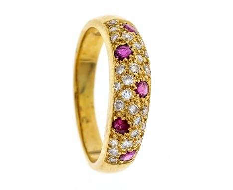 Rubin-Brillant-Ring GG 750/000 mit 5 rund fac. Rubinen in guter Farbe und Brillanten, zus. 0,25 ct W/SI, RG 56, 5,0 g