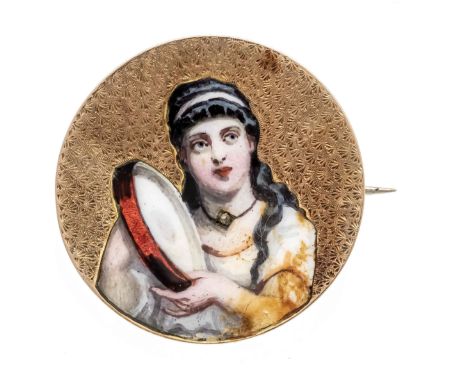 Runde Miniatur-Brosche RG 600/000 ungest., gepr., Portrait einer folkloristischen Tamburin-Spielerin in bunter Emaille und ei