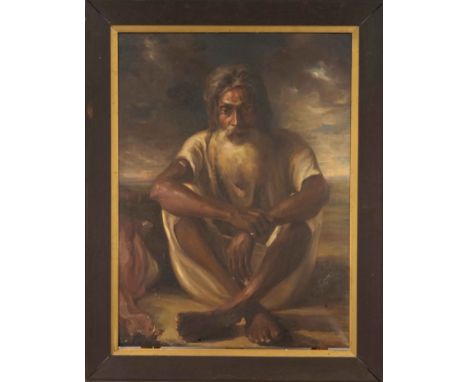 R. Bhattacharjee, indischer Maler 1. H. 20. Jh., seltene Darstellung eines kauernden Sadhus, Öl auf Lwd., u. re. sign., anges