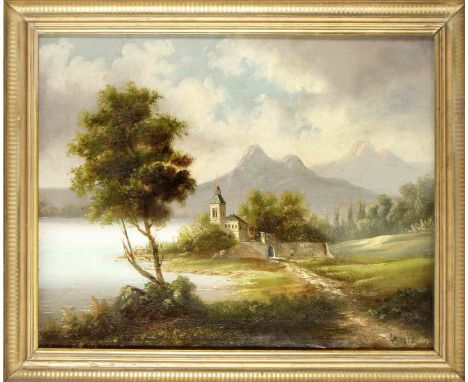 Leopold Munsch (1826-1888) (attrib.), Kloster am Seeufer in alpiner Landschaft, Öl/Lwd., u. re. monogrammiert u. dat. LM 1878