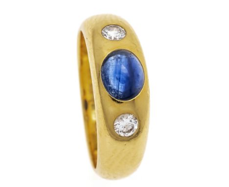 Saphir-Brillant-Ring GG 750/000 mit einem Saphircabochon 0,87 ct, 5 mm in guter Farbe und 2 Brillanten, zus. 0,16 ct TW/VS, R
