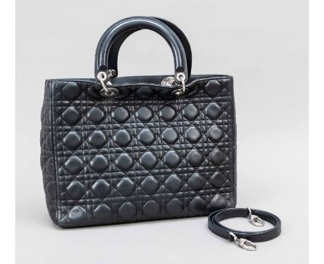 Christian Dior, Large Lady Dior Bag, schwarzes gestepptes und wattiertes Kalbsleder, silberfarbene Hardware, kurze Doppelhenk
