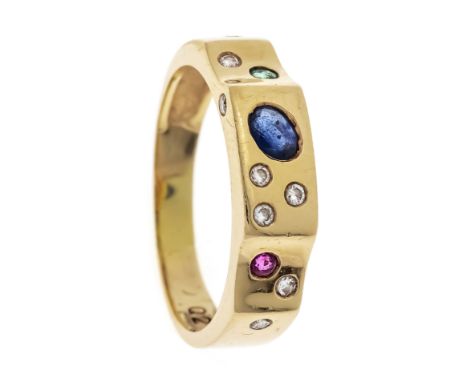 Multicolor-Ring GG 585/000 mit je einem fac. Saphir, Smaragd, Rubin und 7 Diamanten, RG 54, 3,1 g