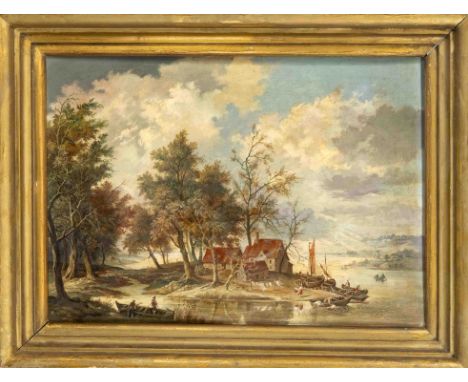 Richard Holst (1881-1955), Landschaftsidyll am Seeufer mit reicher Staffage im Stil der alten Niederländer, Öl auf Hartfaser,