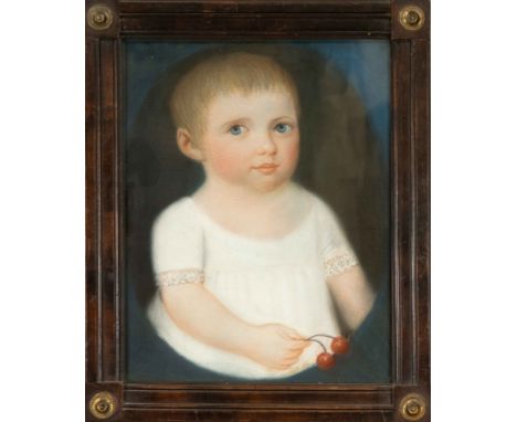 Anonymer Bildnismaler Anfang 19. Jh., Portrait eines Kleinkindes mit Kirschen, Farbkreidezeichnung auf Papier, unsign., 34 x 