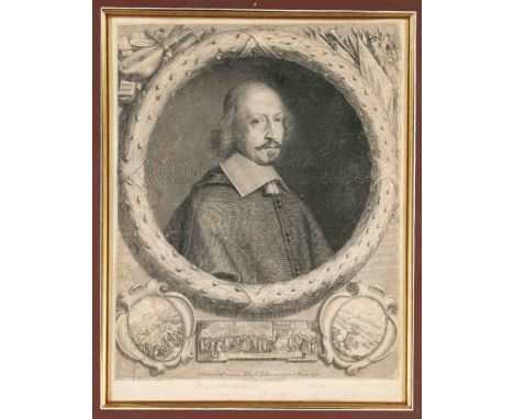 Robert Nanteuil (1623-1678), Portrait von Kardinal Richelieu, Kupferstich im Rund mit drei Detailkartuschen am u. Rand, 1656,