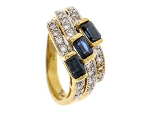 Saphir-Brillant-Ring GG/WG 750/000 mit 3 fac. Saphir-Baguettes 4 mm in guter Farbe und Brillanten, zus. 0,25 ct W/SI, RG 52, 