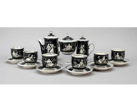 Art déco Kakaoservice für 6 Personen, 15-tlg., Gmunder Keramik, 1920er Jahre, u. mon. K. Schw., Keramik, Dekor in Schwarz-Wei