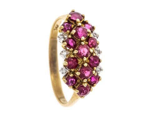 Rubin-Diamant-Ring GG 585/000 mit 13 feinen rund fac. Rubinen 2 mm in sehr guter Farbe und 6 Diamanten, RG 56, 2,6 g