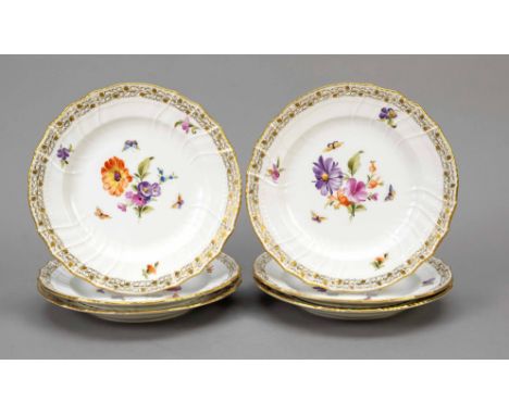 Satz von 6 Dessert- o. Vorspeisentellern, KPM Berlin, Marken 1945-62, mehrheitl. mit Jahresbuchstaben für 1962, 2. W., Form N