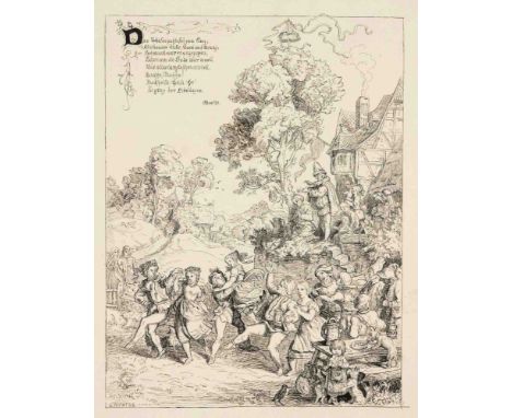 Ludwig Richter (1803-1884), ''Frühlingslied'', Federzeichnung über dezenter Kompositionszeichnung in Bleistift auf leichtem Z