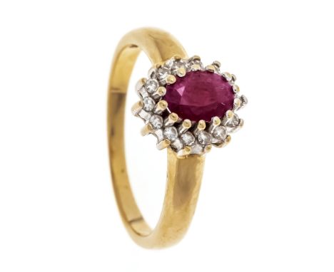 Rubin-Diamant-Ring GG/WG 585/000 mit einem oval fac. Rubin 6 x 4 mm und 12 Diamanten, RG 56, 4,7 g