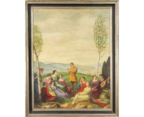 Justus Christian, süddt. Maler um 1910, weite Landschaft mit muszierender Gesellschaft auf einer Bergkuppe, Öl auf Lwd., o. l