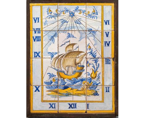 Fliesenbild Sonnenuhr, 18. Jh., 12 einzelne Kacheln in Holzrahmen gefasst, polychrome Unterglasur-Malerei, zentral Segelschif