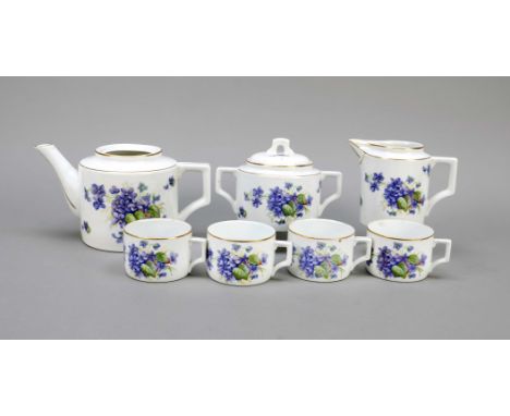 Teerestservice, 7-tlg., Zsolnay-Pécs, 20. Jh. Veilchendekor und Goldränder, Eine Kanne, Deckel fehlt, H. 14 cm, ein Milchgieß