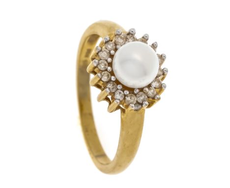 Akoya-Brillant-Ring GG/WG 585/000 mit einer Akoyaperle 6,5 mm und Brillanten, zus. 0,25 ct l.get.W/PI, RG 58, 4,5 g