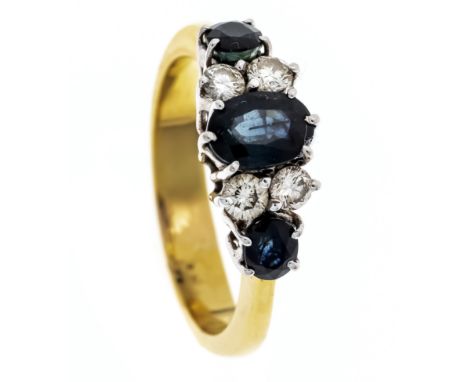 Saphir-Brillant-Ring GG/WG 750/000 mit 3 oval fac. Saphiren 7 - 5 mm und 4 Brillanten, zus. 0,40 ct l.get.W/SI, RG 58, 6,8 g