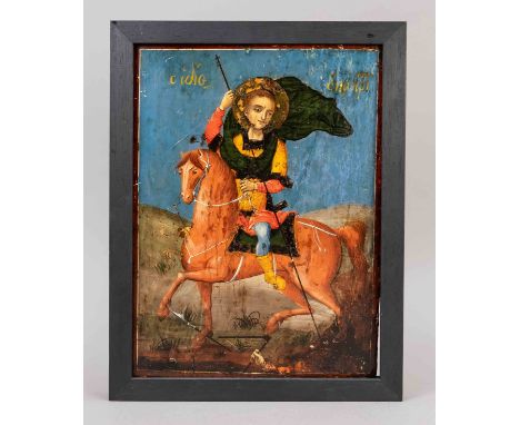 Ikone des heiligen Georgs, Griechenland, 19. Jh., polychr. Temperamalerei auf Holz, in Rahmen. Ger. 41 x 31,5 cm, ohne R. 37 