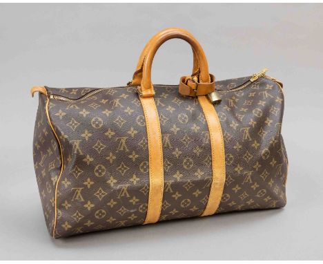 Louis Vuitton, Vintage Monogram Canvas Keepall Bandouliere 45 Bag, gummiertes Baumwollgewebe im klassischen Logoprint-Design 