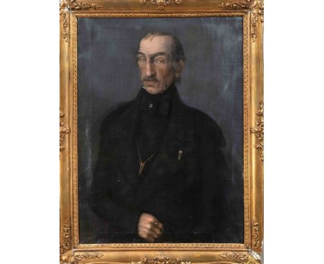 Anonymer Bildbnismaler um 1850, Portrait von Heinrich Geishauser (1794-1865) in schwarzer Jacke mit zwei Ehrenzeichen und Ket