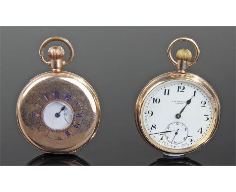 Two gold plated pocket watches, the first a half hunter with blue outer chapter ring and white enamel dial, the second an ope