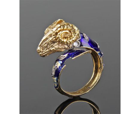 Gold diamond and enamel set Rams head ring, probably 18 carat gold, the ram head with diamond collar and studs to the blue en