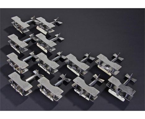 Set of Twelve Miniature Bi-Plane place settings, by Franz Reichenberg, with British markings to wings and Franz Reichenberg B