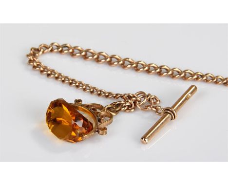 9 carat gold pocket watch chain and seal, the tapering chain with T bar and seal, 14.7 grams excluding seal